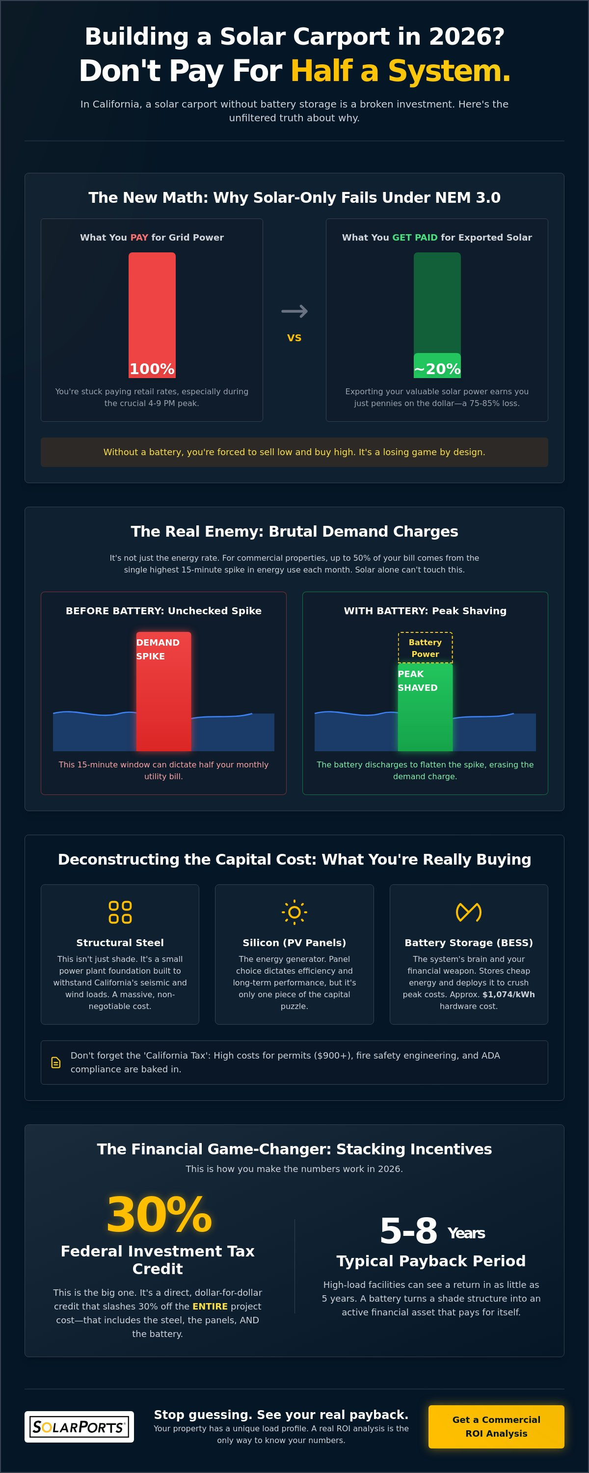 Commercial Solar Carport with Battery Storage Cost: The 2026 California Reality