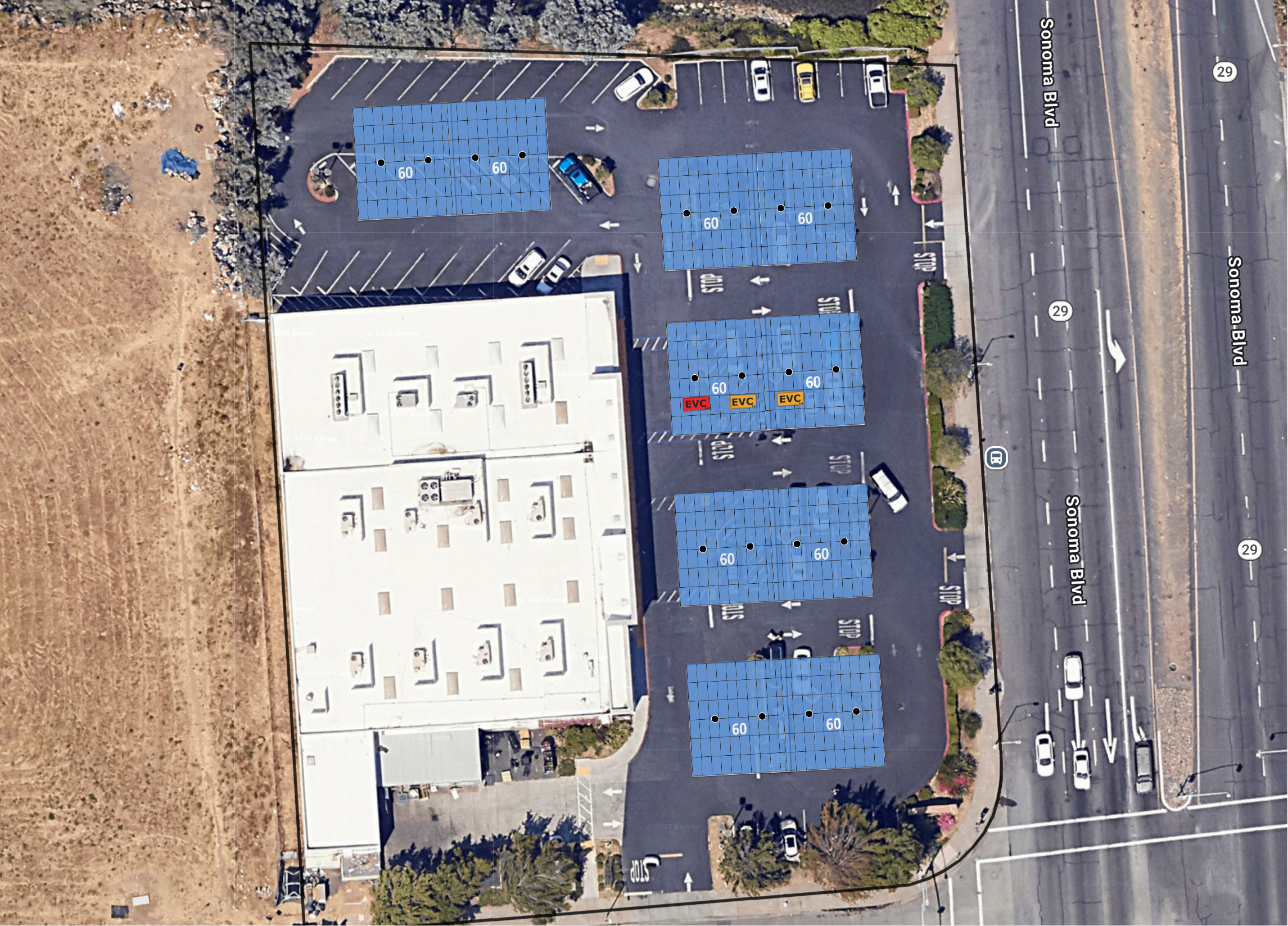System layout — SolarPort carports, rooftop arrays and battery placements at Vallejo