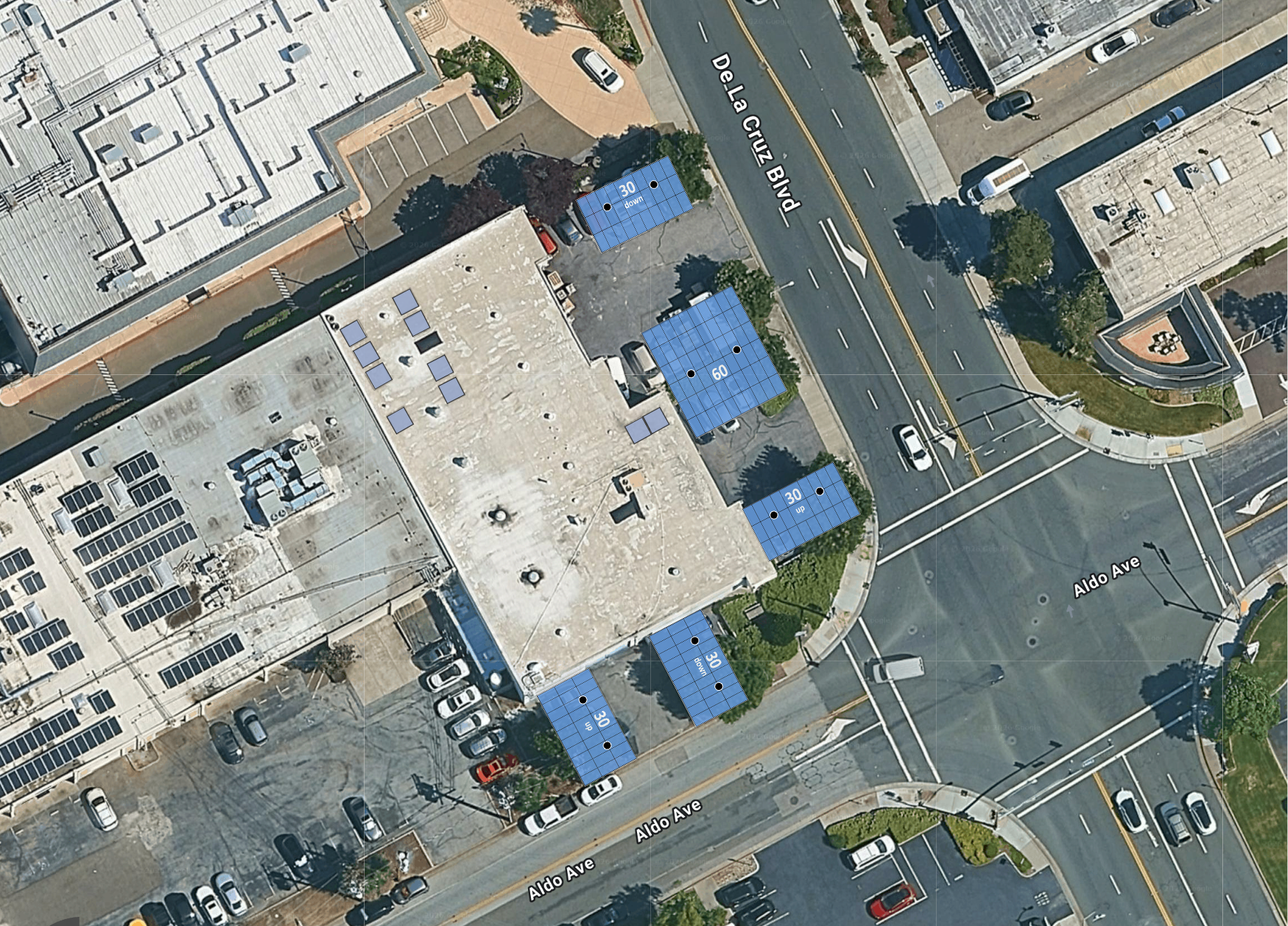 System layout — solar carports and rooftop arrays at Santa Clara