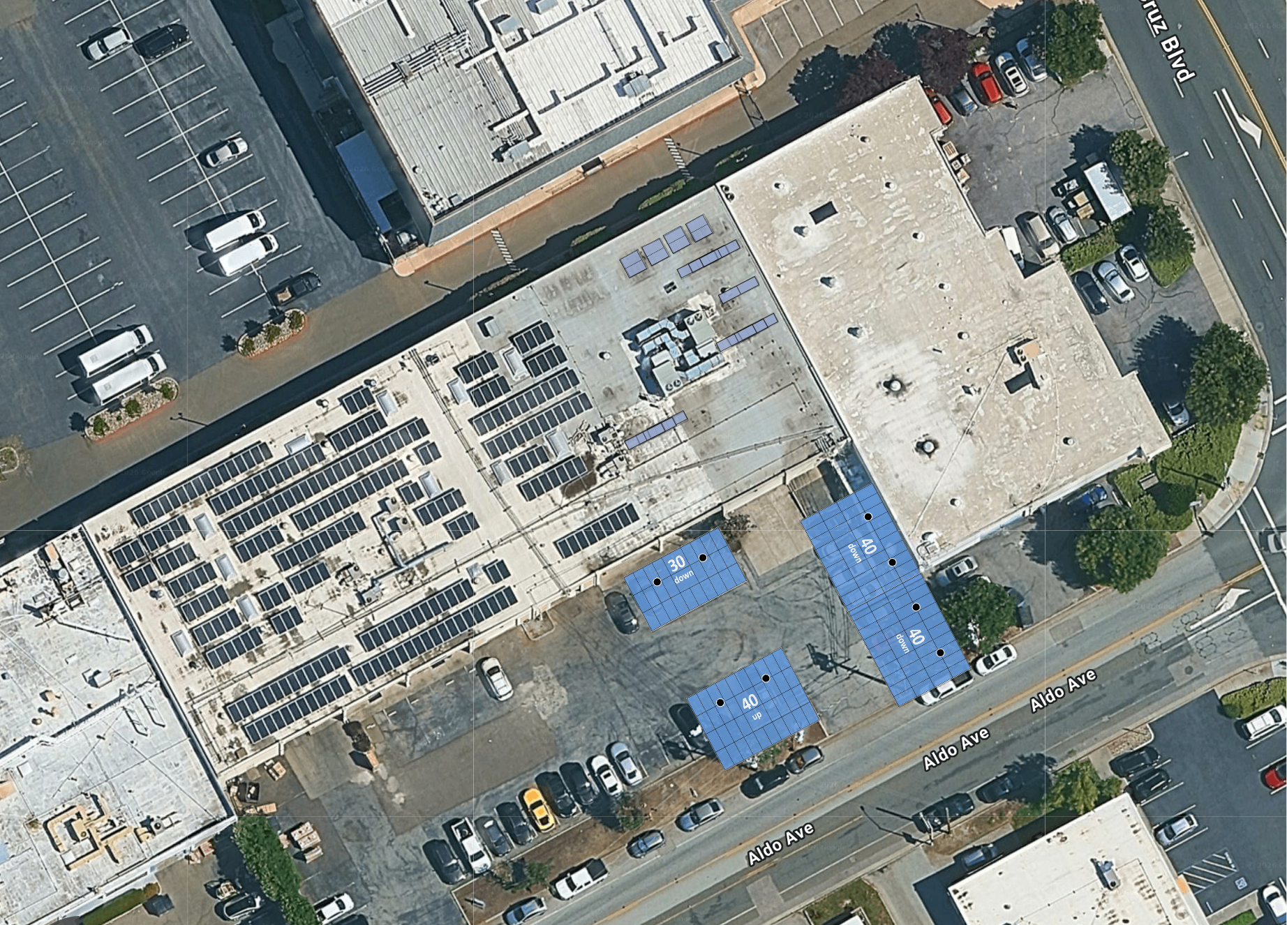 System layout — solar carports and rooftop arrays at Santa Clara
