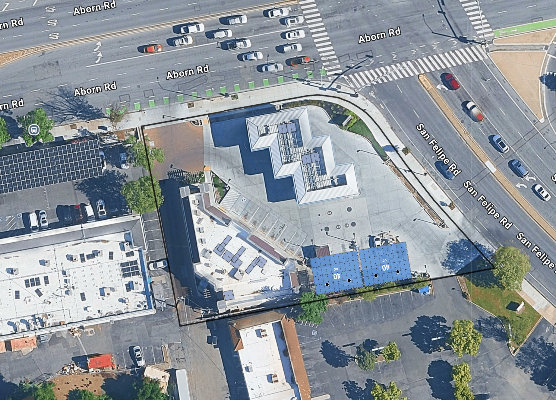 System layout — solar carports and rooftop arrays at SAN JOSE