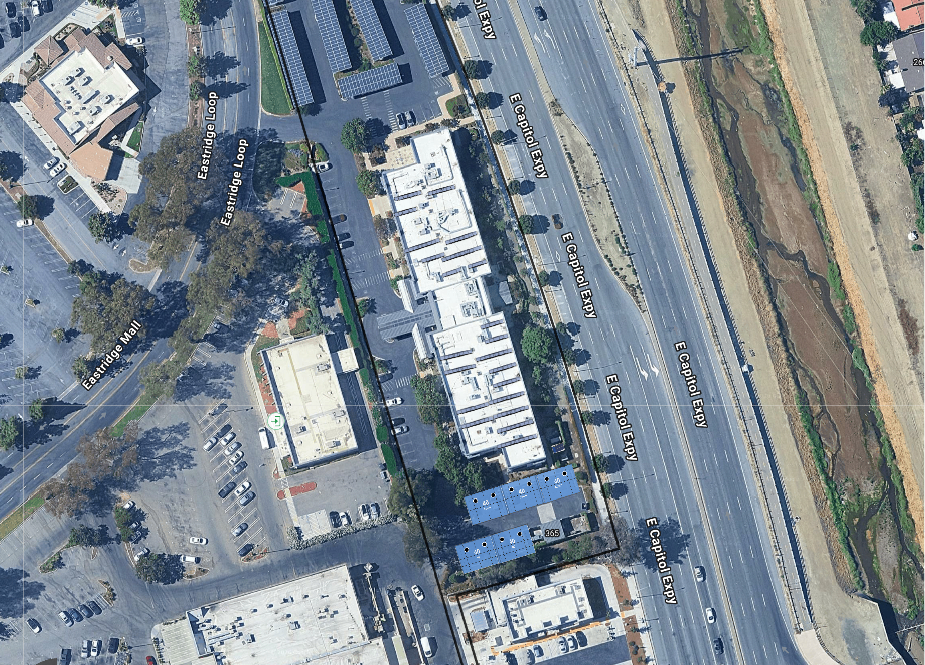 System layout — solar carports and rooftop arrays at SAN JOSE