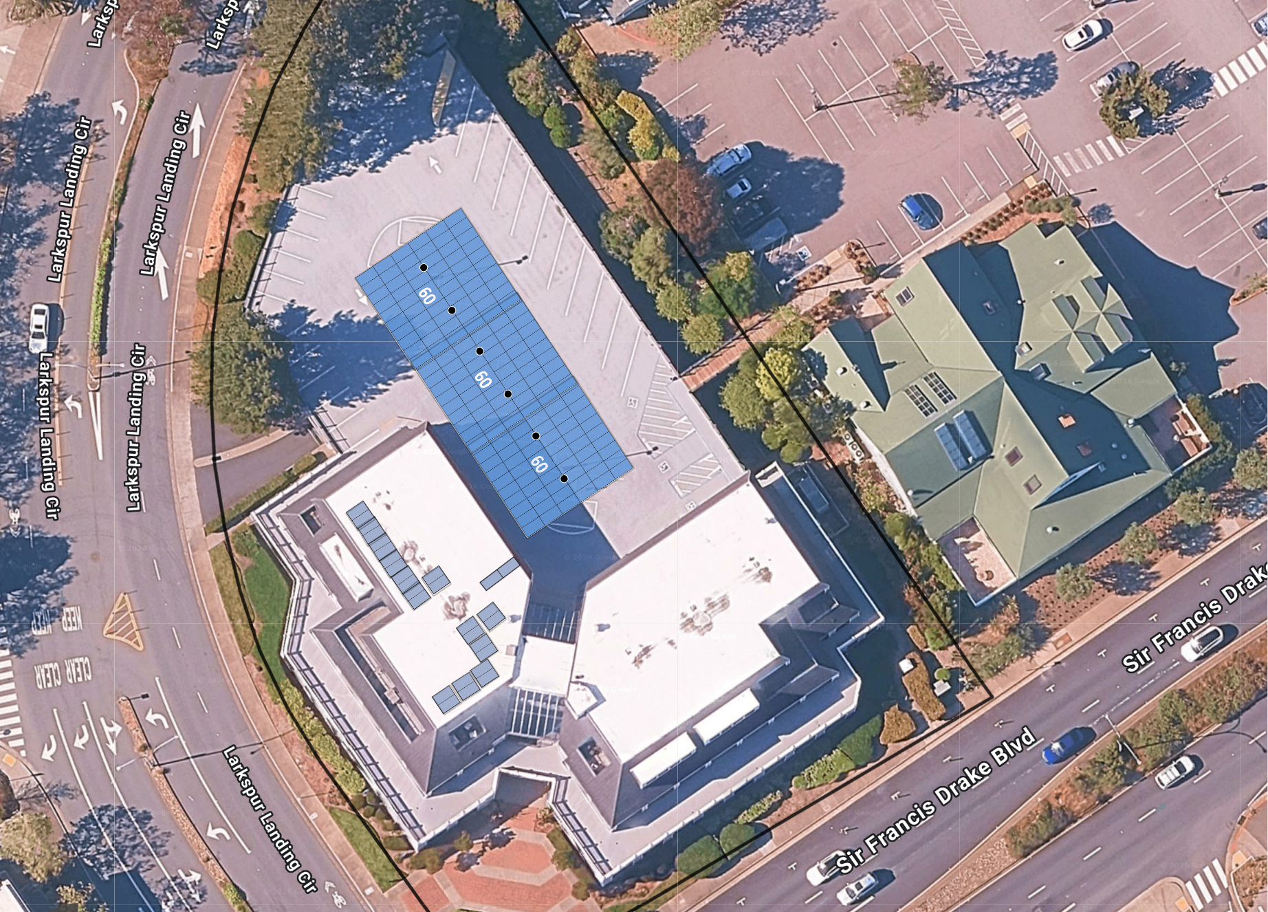System layout — solar carports and rooftop arrays at LARKSPUR