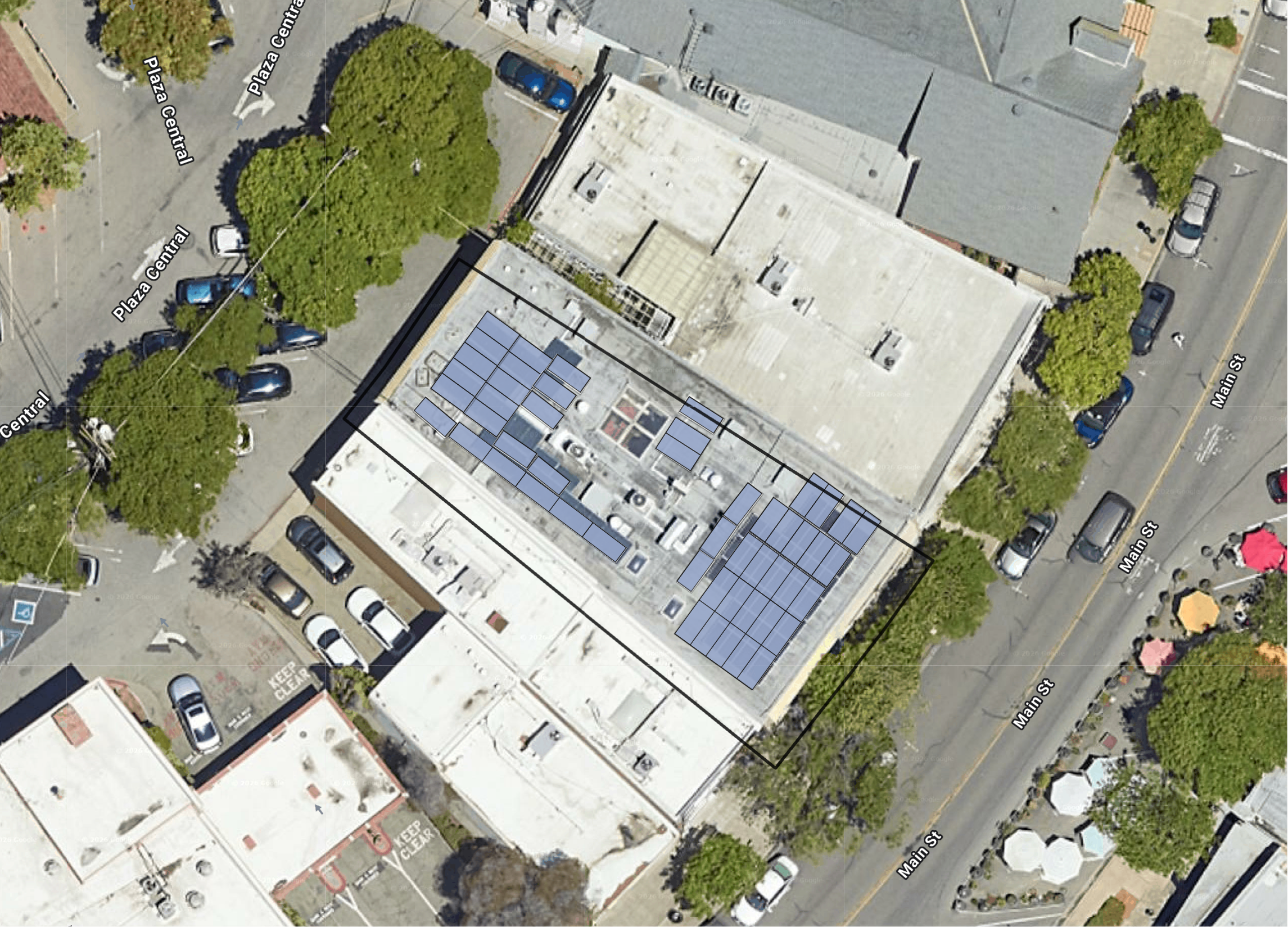 System layout — SolarPort carports, rooftop arrays and battery placements at LOS ALTOS