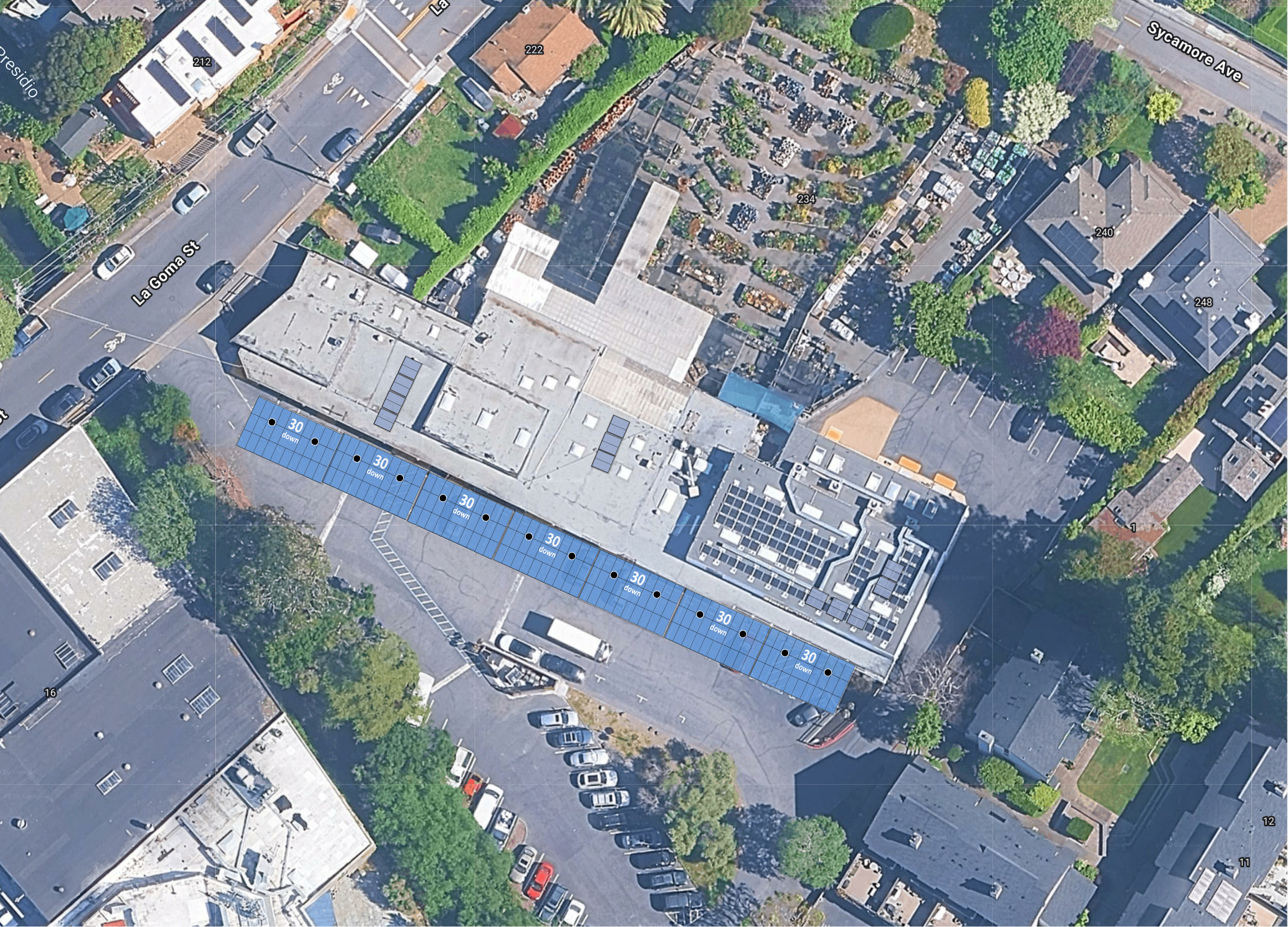 System layout — solar carports and rooftop arrays at 