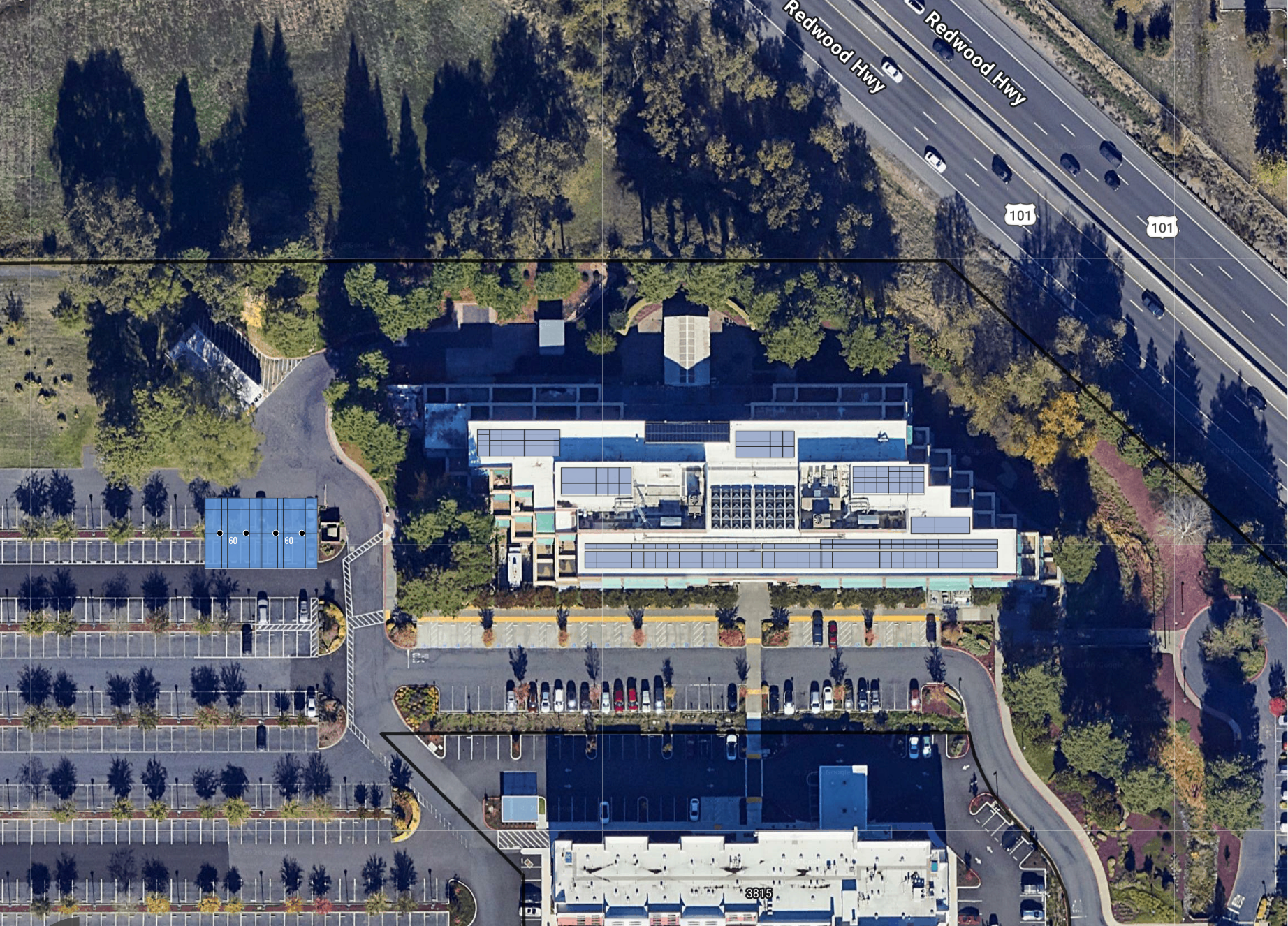 System layout — solar carports and rooftop arrays at SANTA ROSA