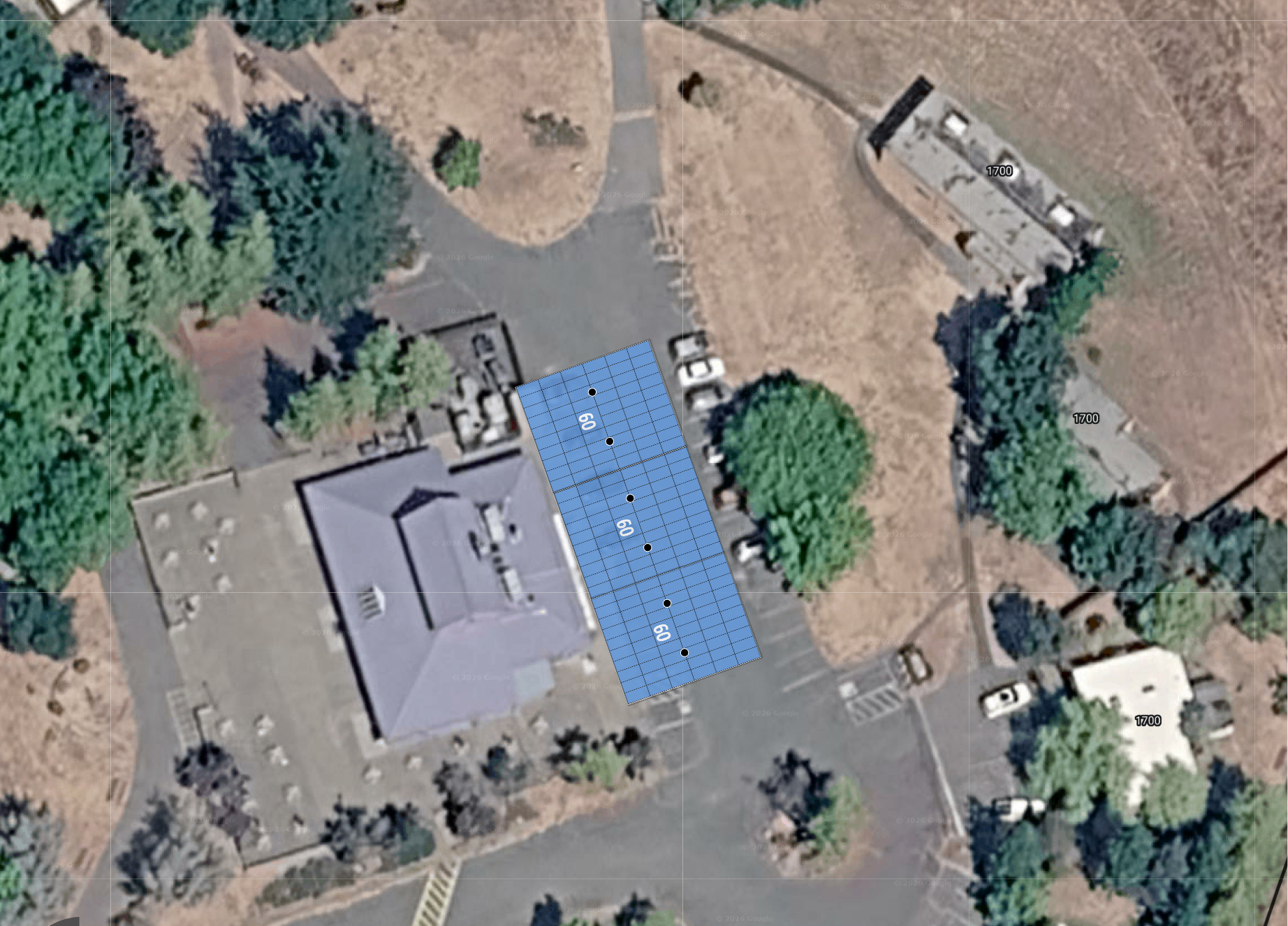 System layout — solar carports and rooftop arrays at PETALUMA