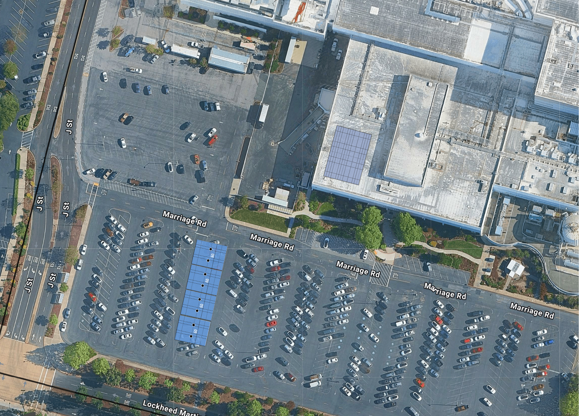 System layout — solar carports and rooftop arrays at SUNNYVALE