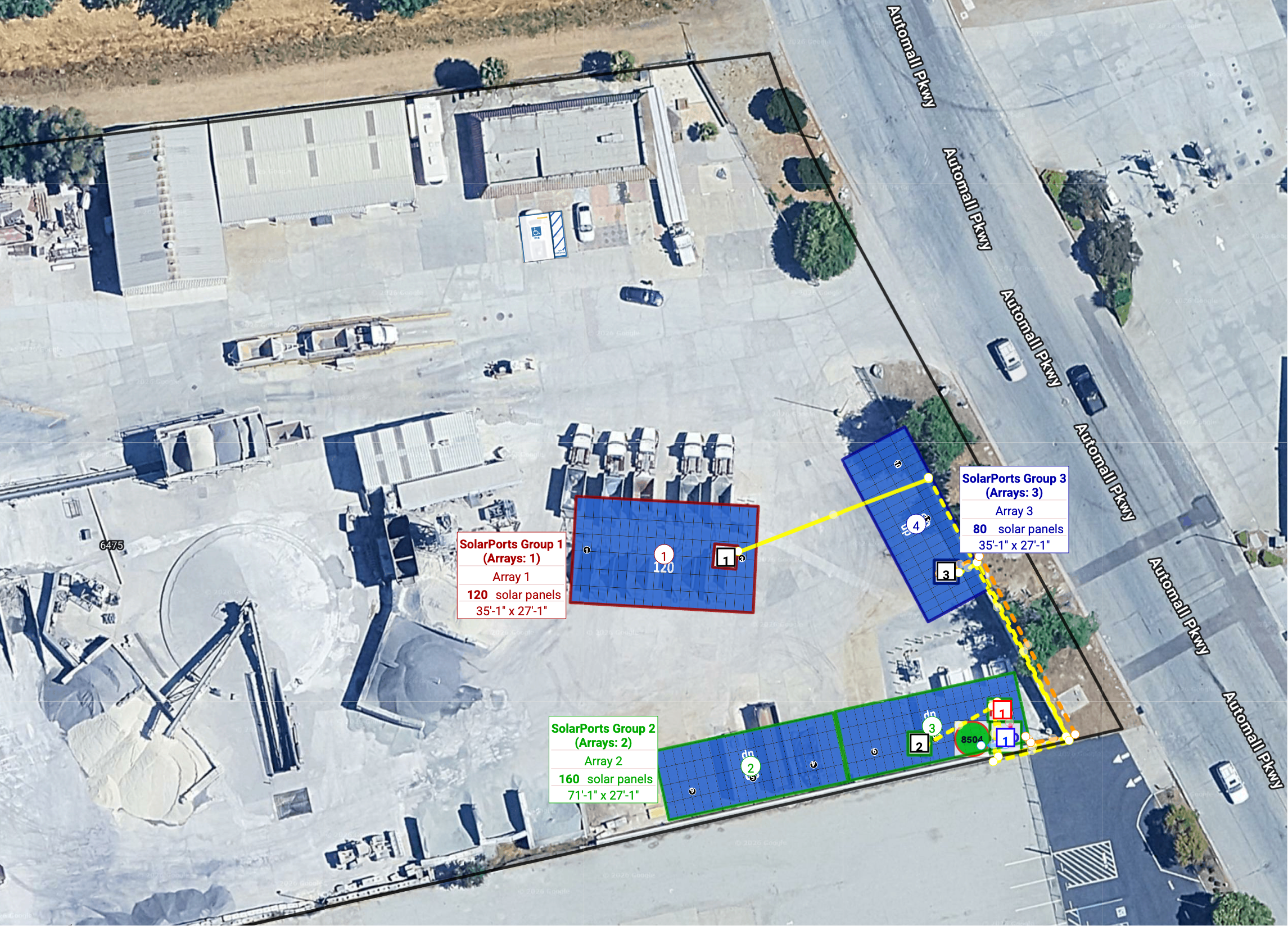 System layout — SolarPort carports, rooftop arrays and battery placements at GILROY