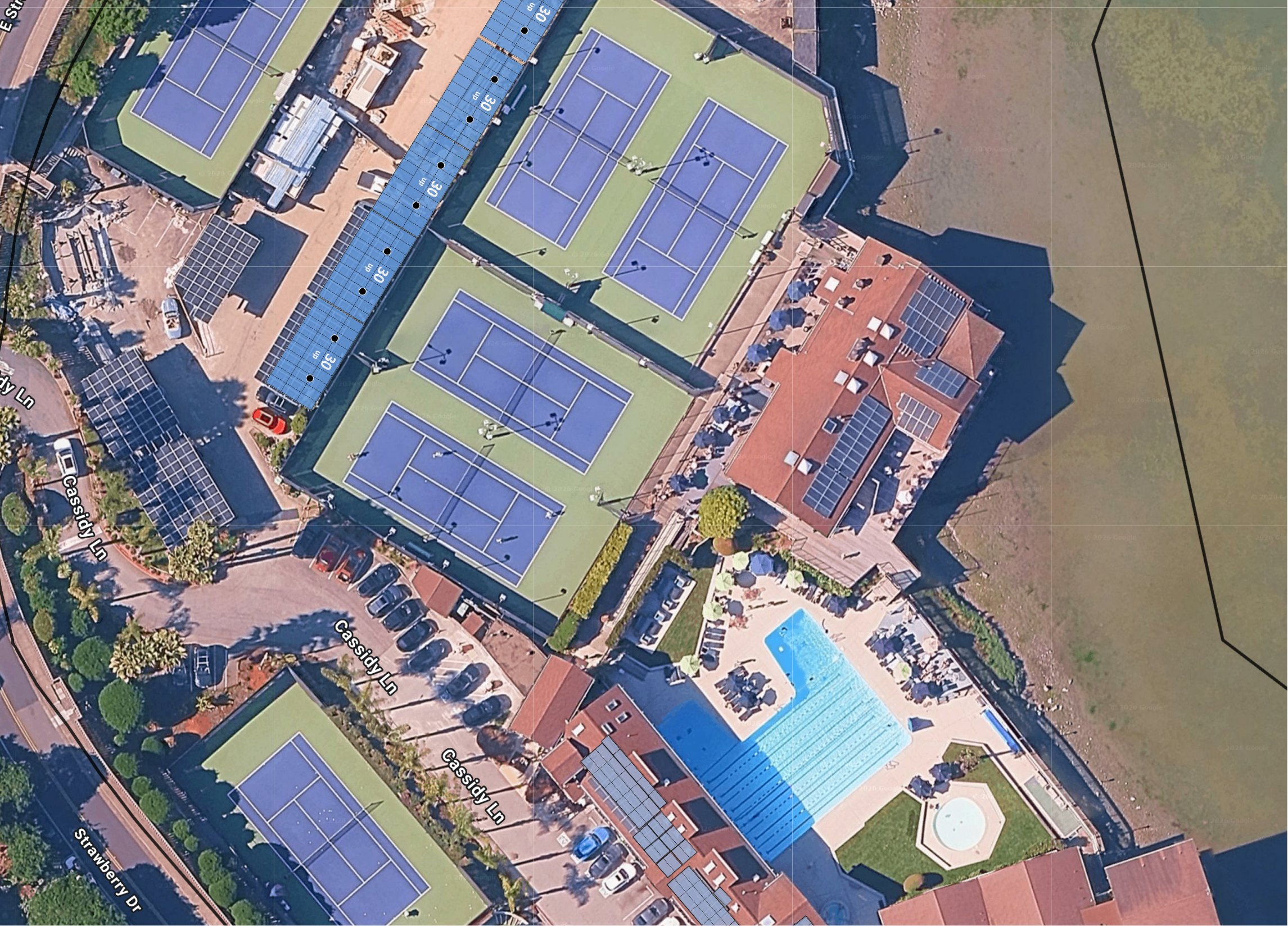 System layout — solar carports and rooftop arrays at MILL VALLEY