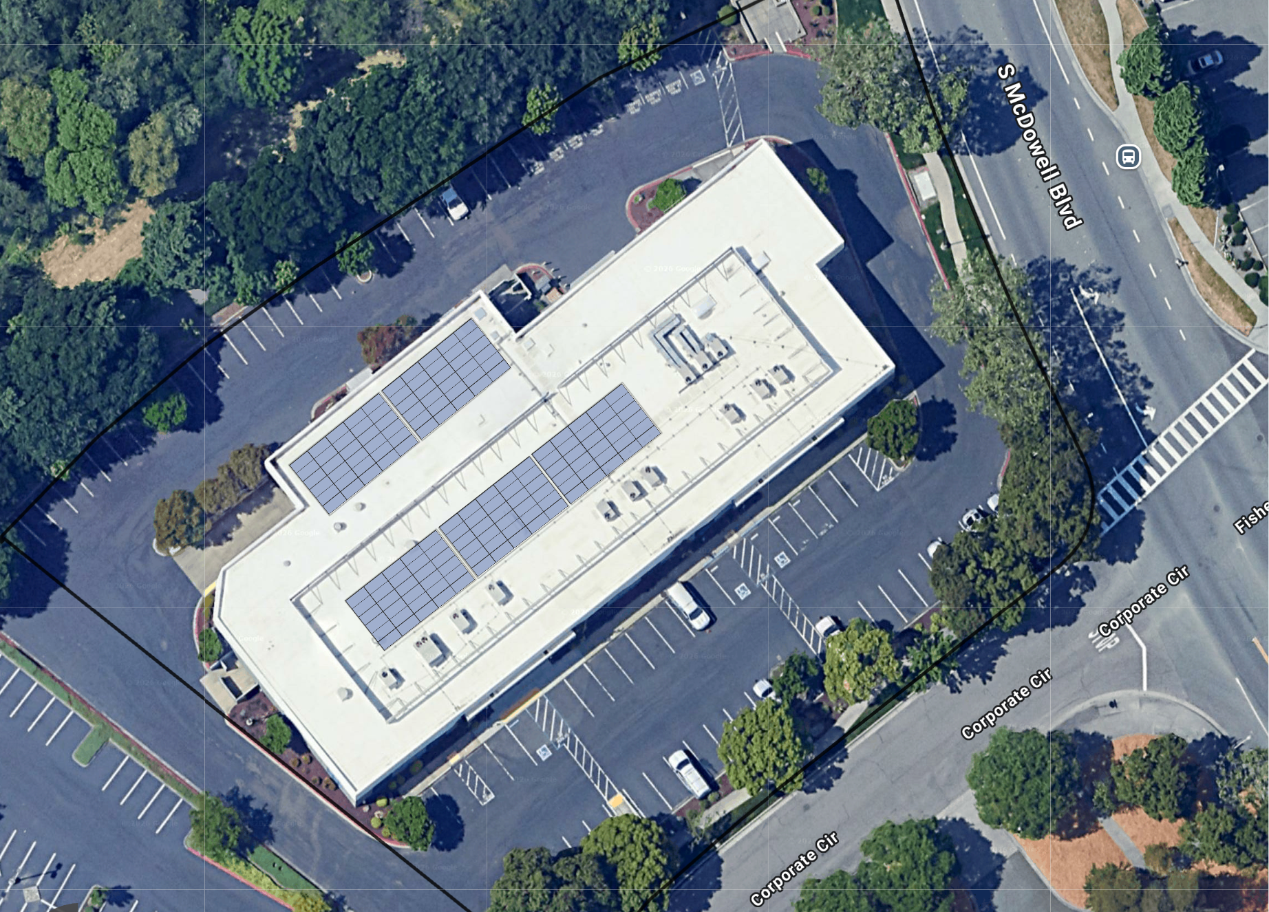 System layout — rooftop arrays at PETALUMA