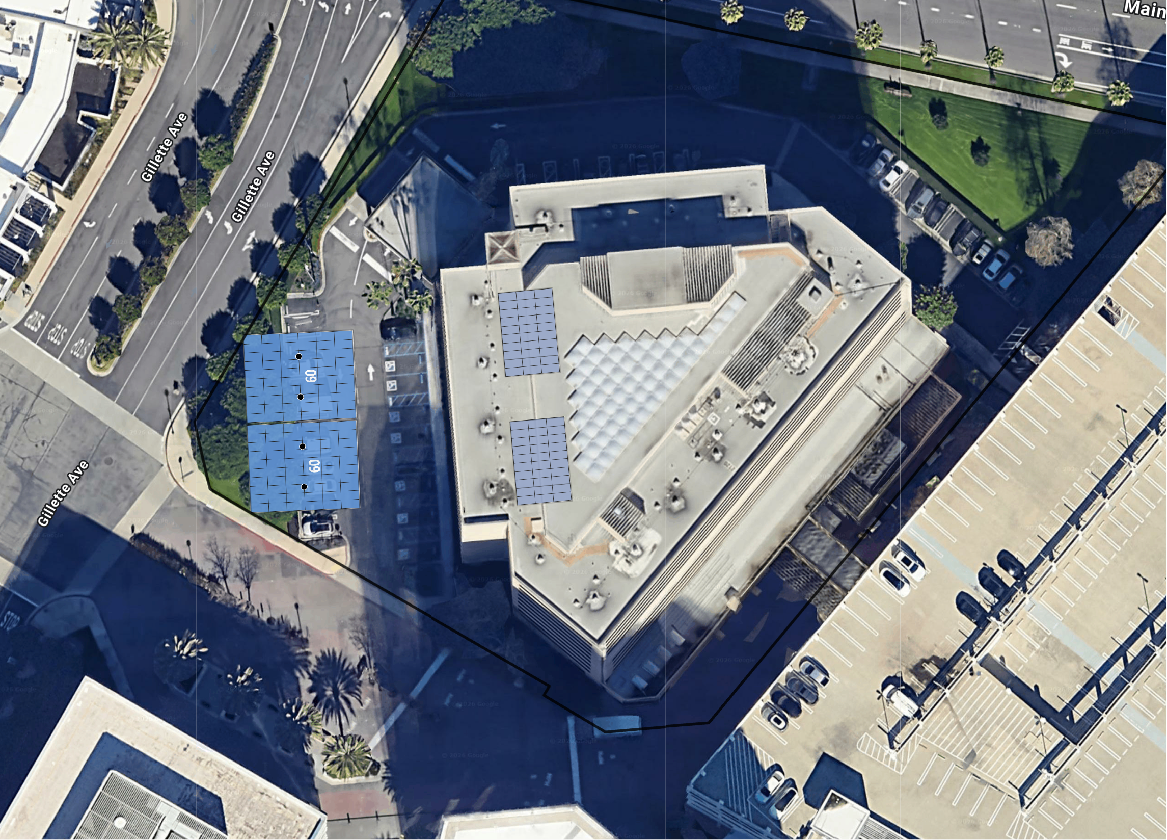 System layout — solar carports and rooftop arrays at IRVINE