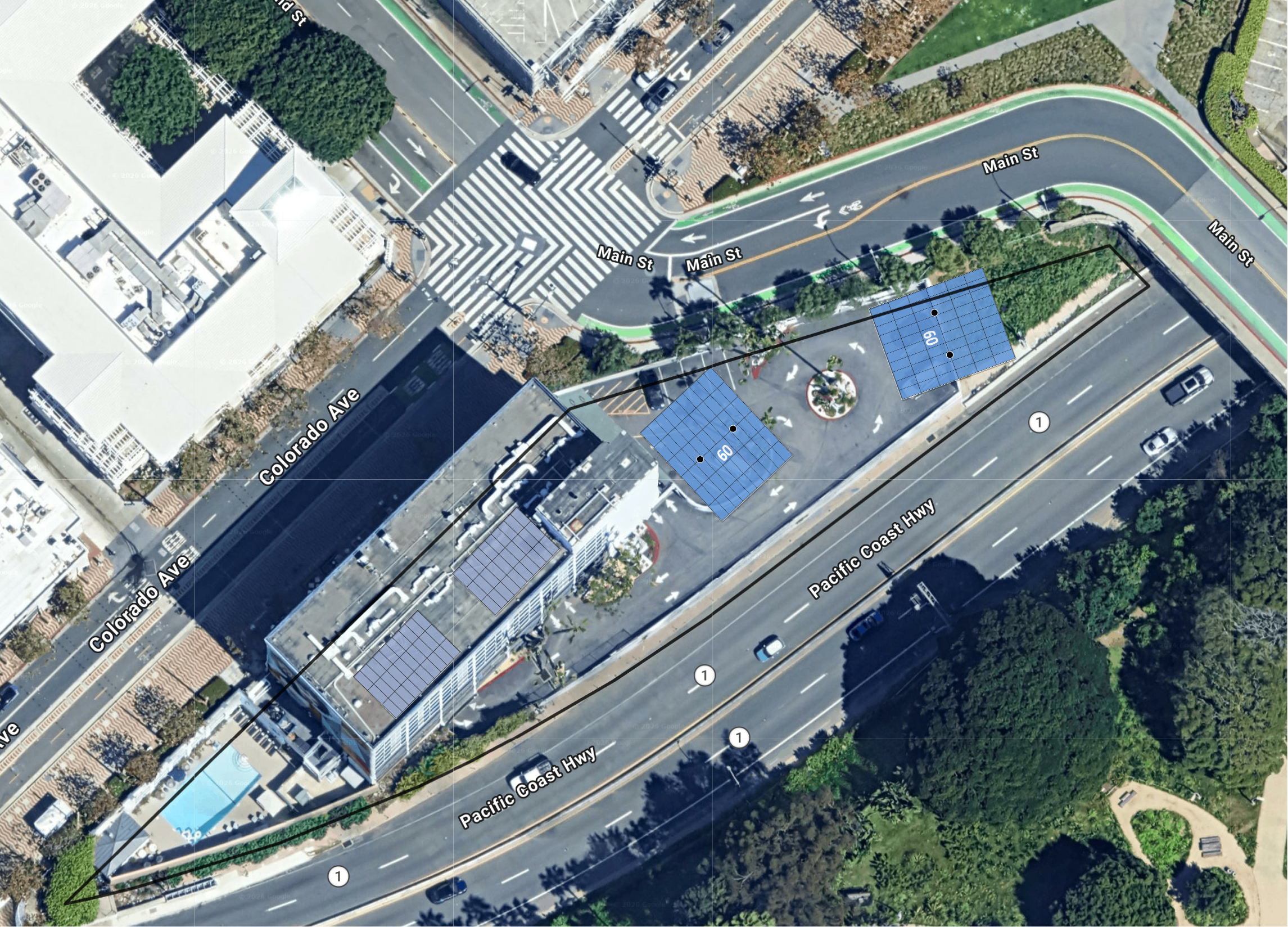System layout — solar carports and rooftop arrays at SANTA MONICA