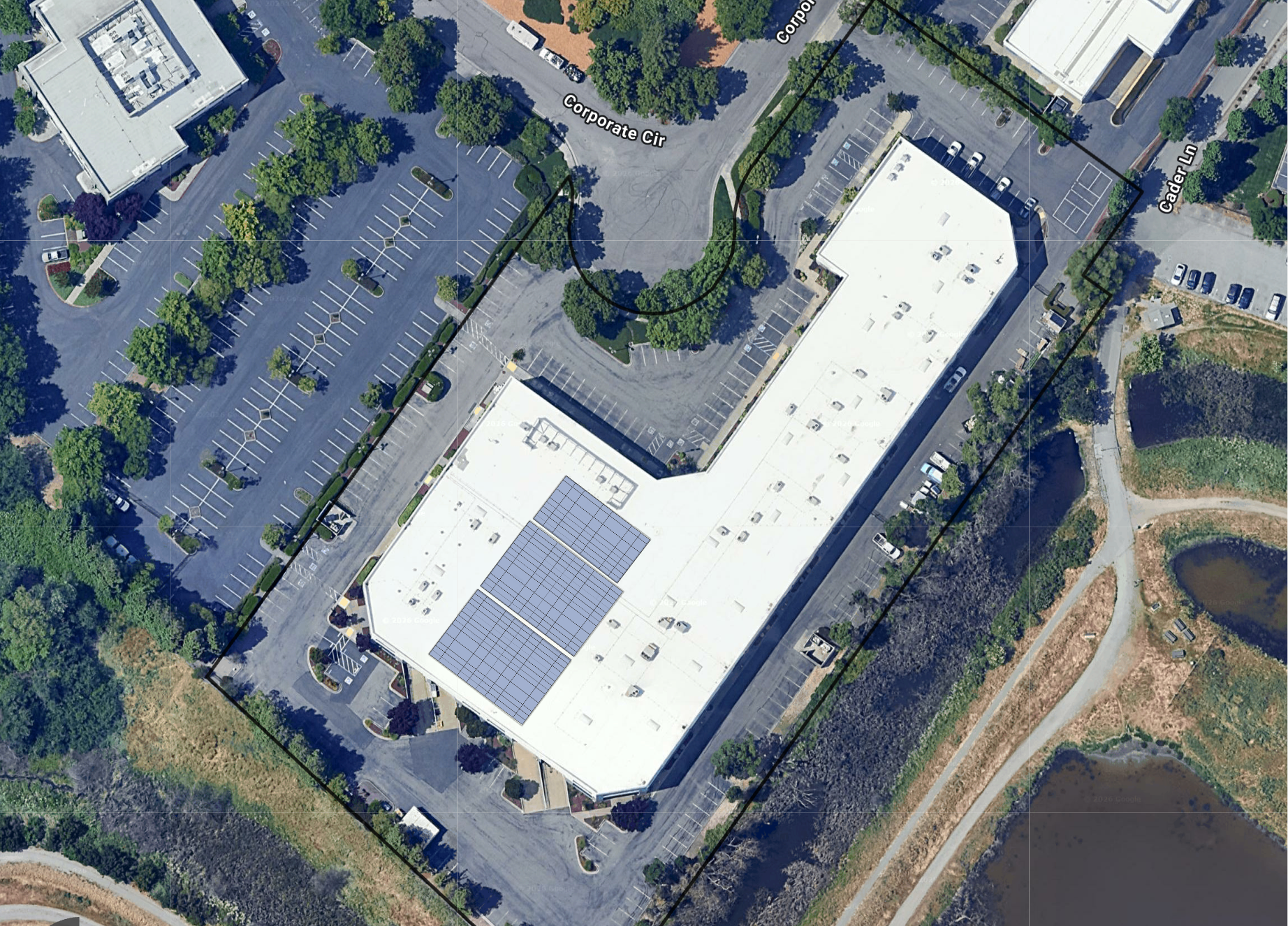 System layout — rooftop arrays at 