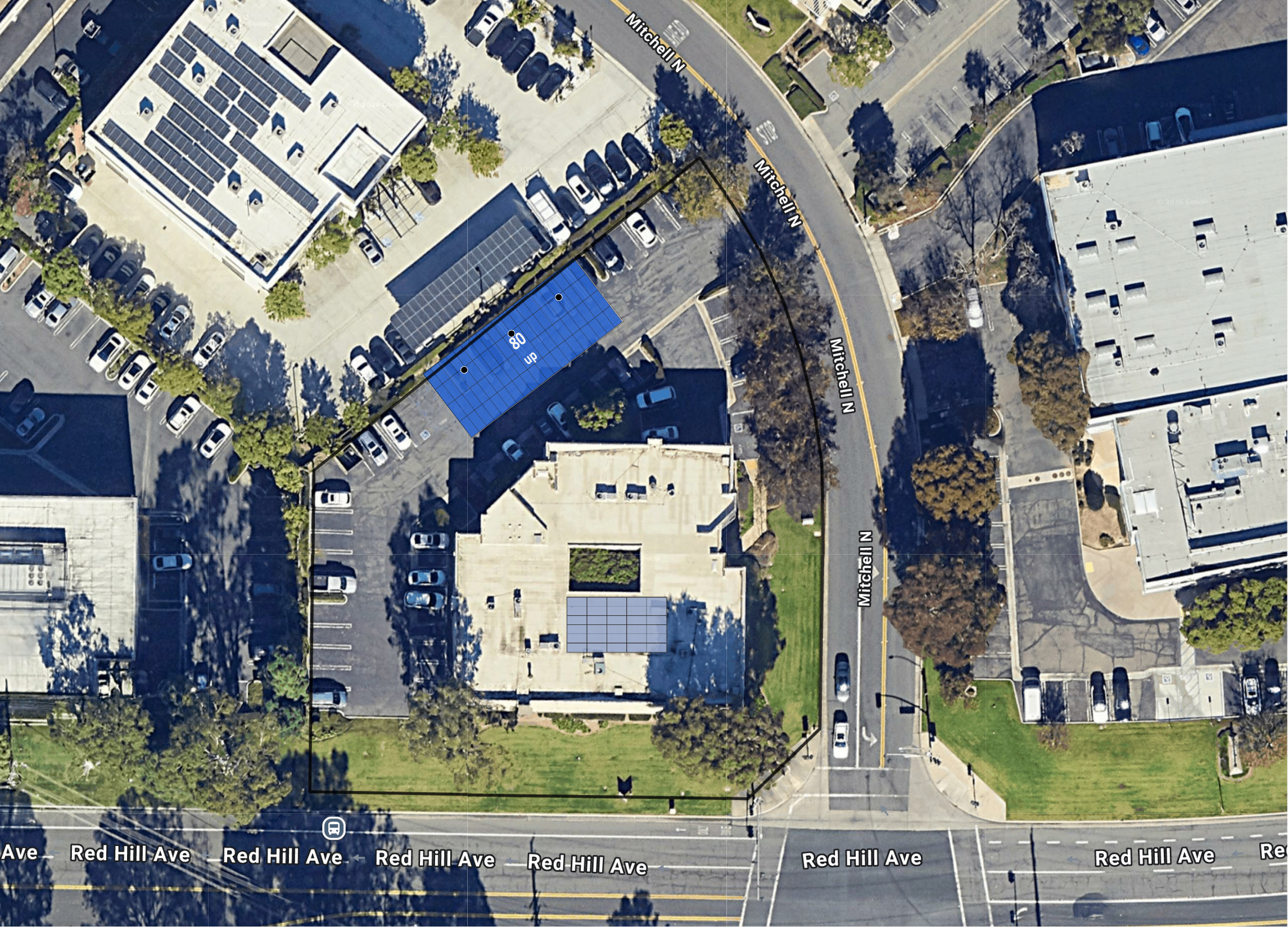System layout — solar carports and rooftop arrays at 